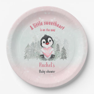 Winter Valentines Penguin Girl Baby Shower Paper Plate