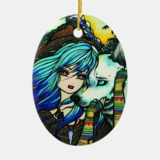 Winter Vampire Wolf Snow Girl Art by Hannah Lynn Ceramic Ornament