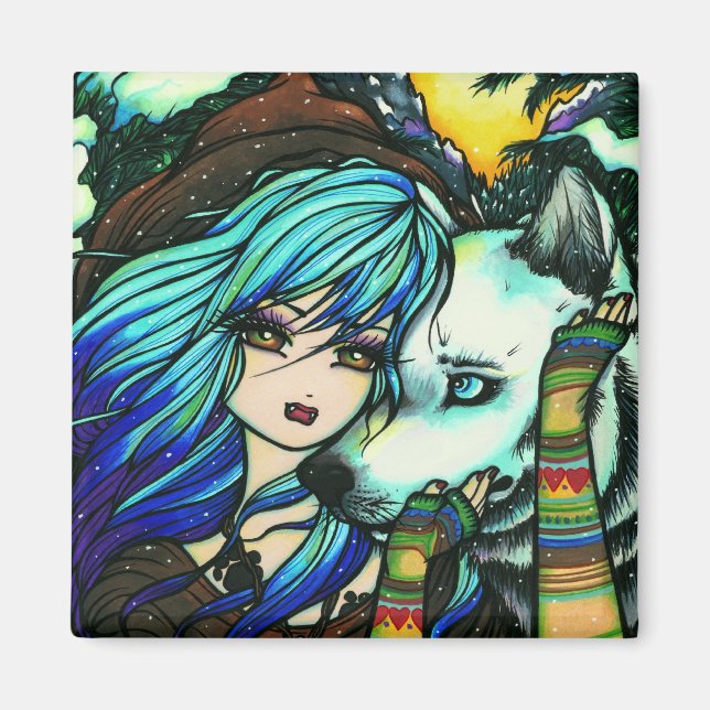 Winter Vampire Wolf Snow Girl Art by Hannah Lynn Magnet (Front)