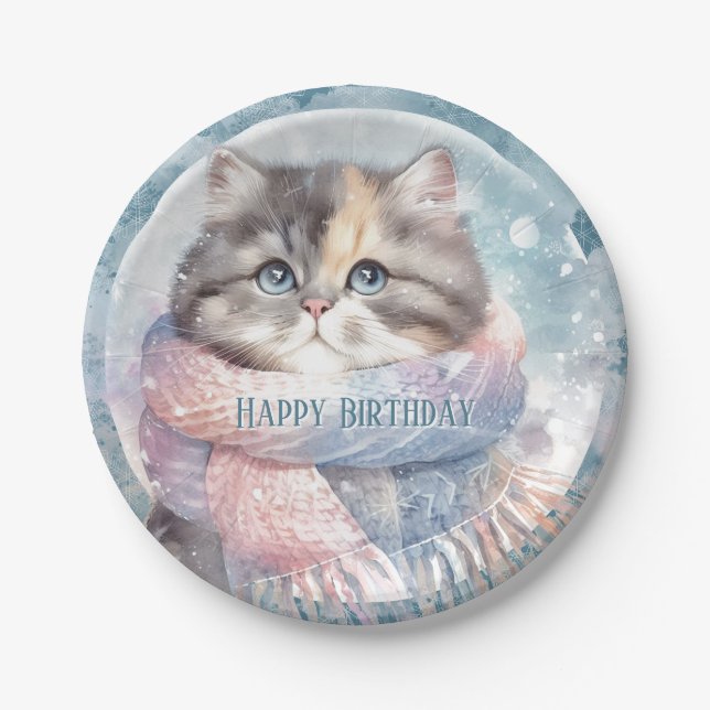 Winter Vibes Cat with a Scarf Birthday Paper Plate (Front)