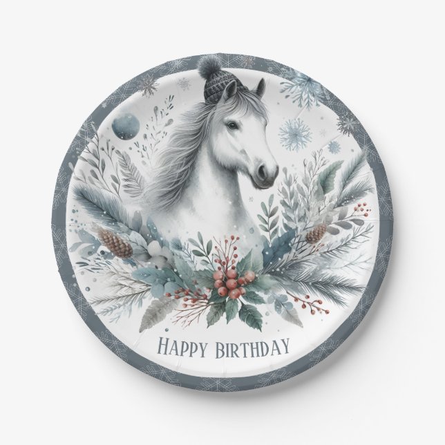 Winter Vibes Horse - Birthday Paper Plate (Front)