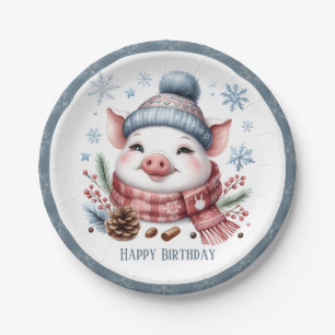 Winter Vibes Pig Scarf and Hat - Birthday Paper Plate
