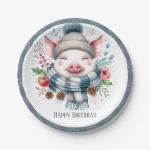 Winter Vibes Pig Scarf and Hat - Birthday Paper Plate