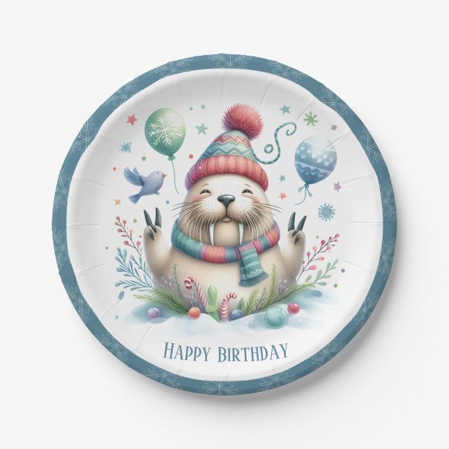 Winter Vibes Snowflakes Walrus Birthday Paper Plate (Front)