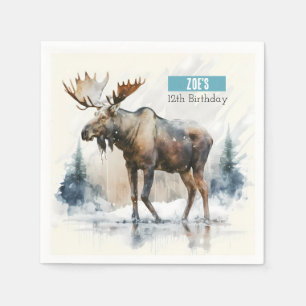 Winter Vibes Watercolor Moose - Birthday Party - Napkin