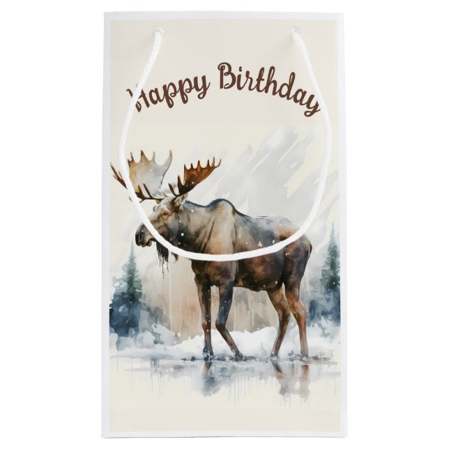 Winter vibes Watercolor Moose -  Birthday Party - Small Gift Bag (Back)