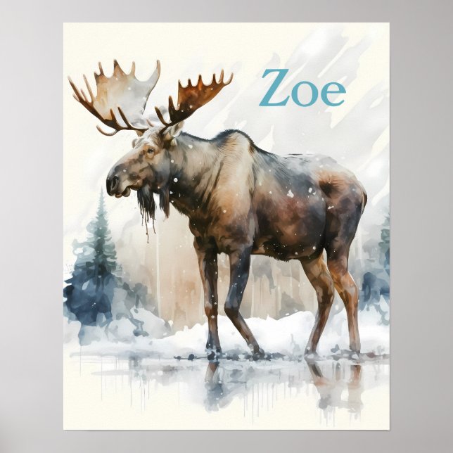 Winter Vibes Watercolor Moose - Kids Poster (Front)