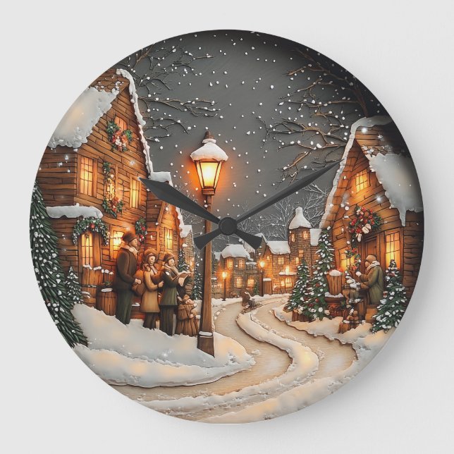 Winter village aglow with streetlights large clock (Front)