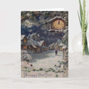 Winter Village Clock New Year Holiday Card