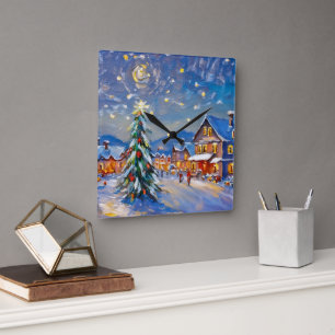 Winter Village Holiday Square Wall Clock