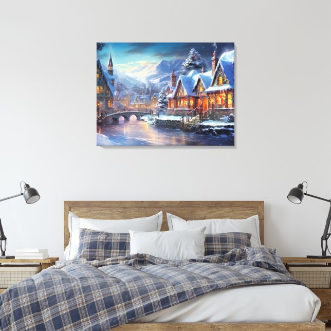 Winter Village Illustration Canvas Print (Insitu(Bedroom))