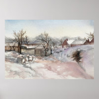 Winter Village Landscape Watercolor Print Poster