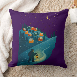 Winter Village Lantern Walk Night Scene Throw Pill Pillow