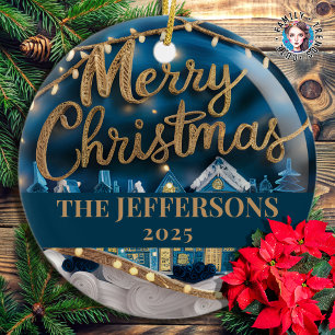 Winter Village Merry Christmas Custom Family Name Ceramic Ornament