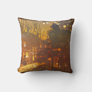Winter village night time scene throw pillow