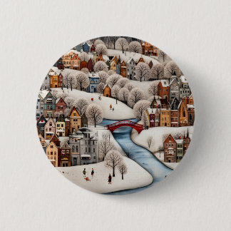 Winter Village Scene Cozy Snowy Town  2 Inch Round Button
