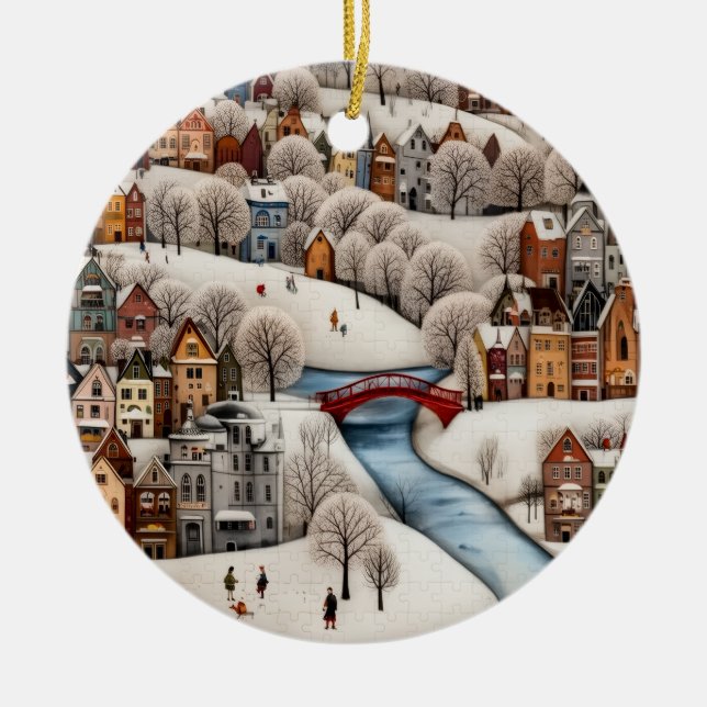 Winter Village Scene Cozy Snowy Town  Ceramic Ornament (Front)