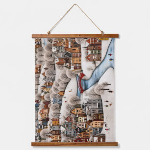 Winter Village Scene Cozy Snowy Town Hanging Tapestry