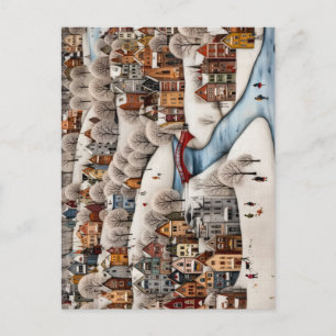 Winter Village Scene Cozy Snowy Town  Holiday Postcard