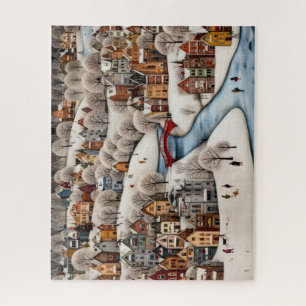 Winter Village Scene Cozy Snowy Town Jigsaw Puzzle