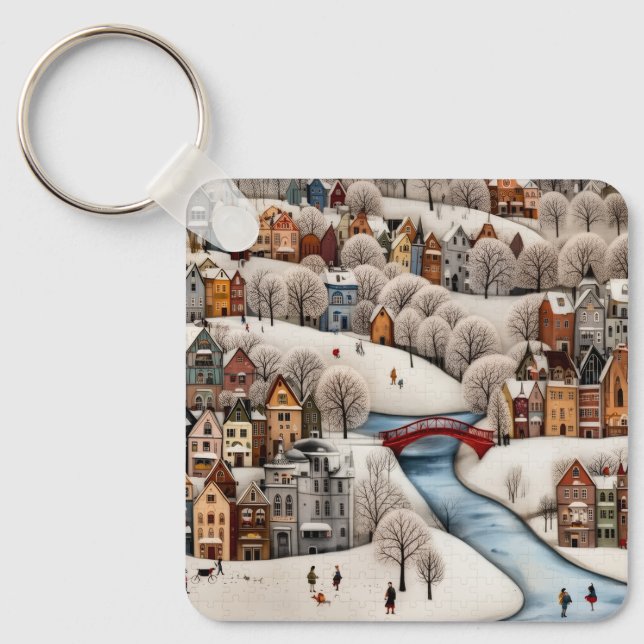 Winter Village Scene Cozy Snowy Town  Keychain (Front)
