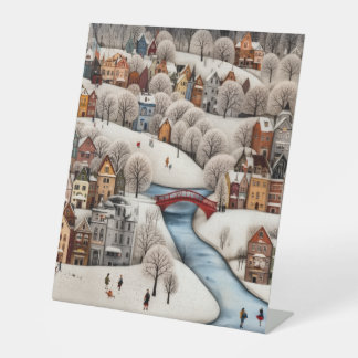 Winter Village Scene Cozy Snowy Town  Pedestal Sign