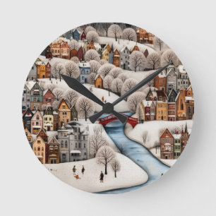 Winter Village Scene Cozy Snowy Town Round Clock