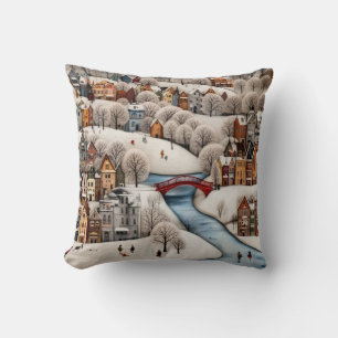 Winter Village Scene Cozy Snowy Town Throw Pillow