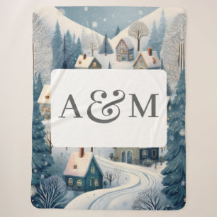 Winter Village Scene with Dual Monogram Sherpa Blanket
