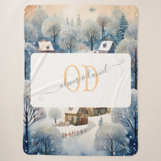 Winter Village Scene with Names & Monogram Sherpa Blanket