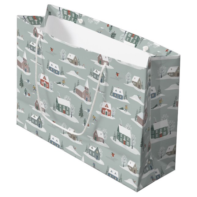 Winter Village Snow Scene Pattern Large Gift Bag (Front Angled)