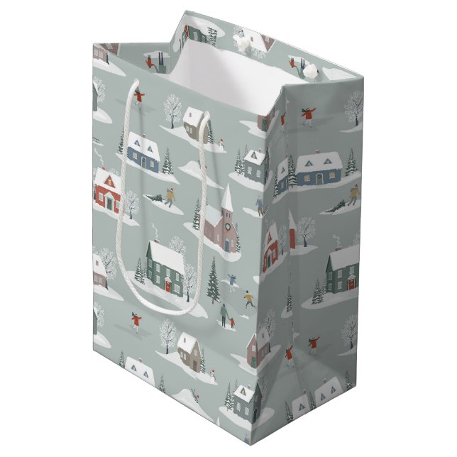 Winter Village Snow Scene Pattern Medium Gift Bag (Front Angled)