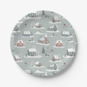 Winter Village Snow Scene Pattern Paper Plate
