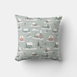 Winter Village Snow Scene Pattern Throw Pillow