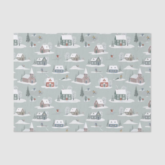 Winter Village Snow Scene Pattern Tissue Paper (Front)