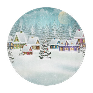 Winter village: snowy landscape scene cutting board