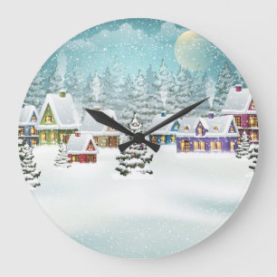 Winter village: snowy landscape scene large clock