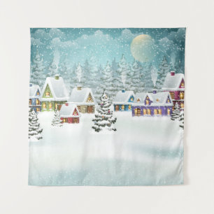 Winter village: snowy landscape scene tapestry