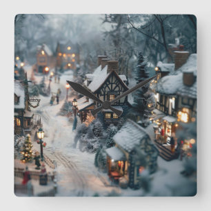 Winter village square wall clock