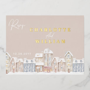 Winter Village Town Christmas Holiday RSVP Foil Invitation Postcard