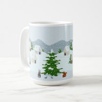 Winter village with snow, bunny, squirrel and pine