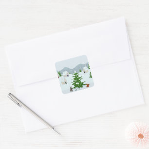 Winter village with snow, bunny, squirrel and pine square sticker