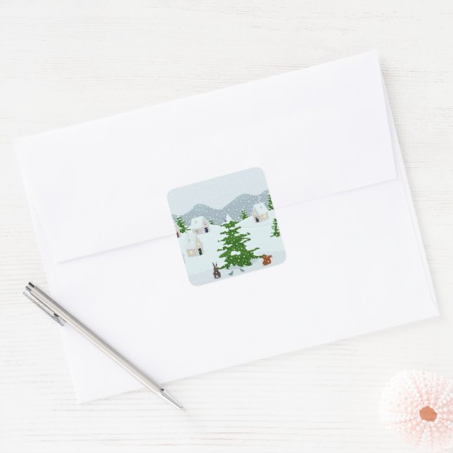 Winter village with snow, bunny, squirrel and pine square sticker (Envelope)