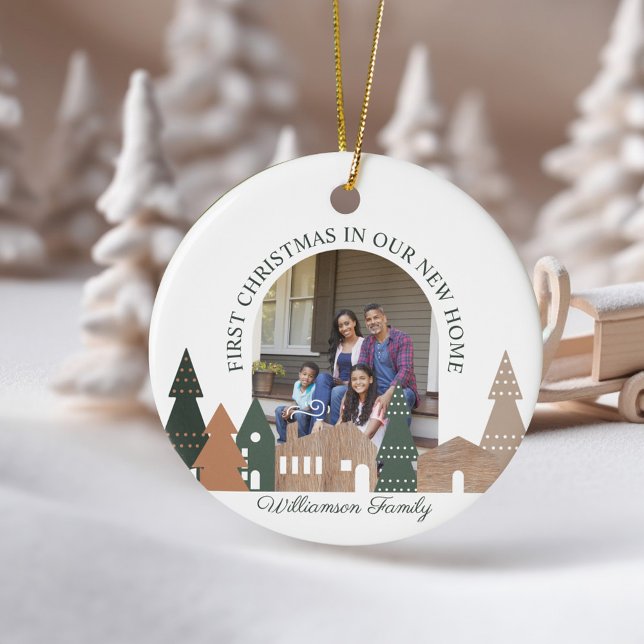 Winter Village Woodgrain First Christmas Photo Ceramic Ornament (Winter Village Woodgrain First Christmas Photo Ceramic Ornament)