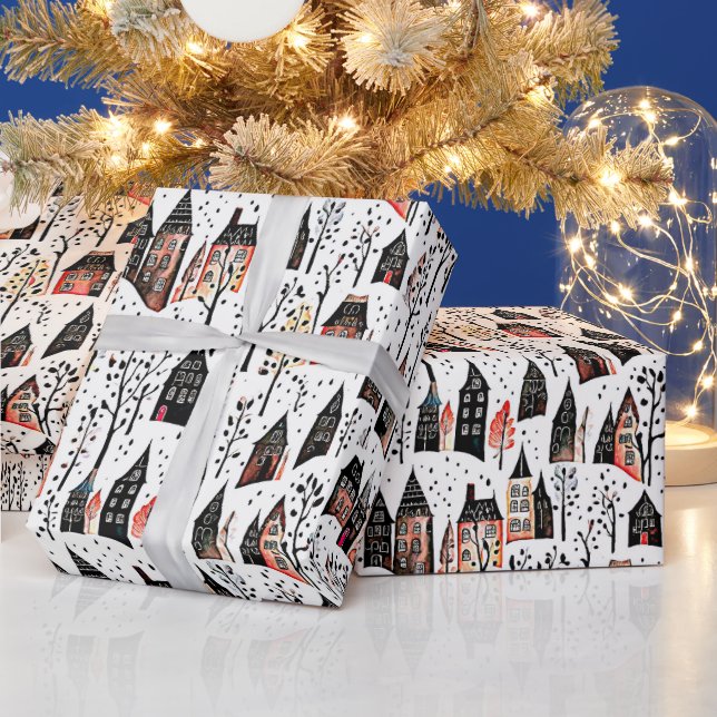 Winter villages sketch pattern christmas wrapping paper (Holidays)