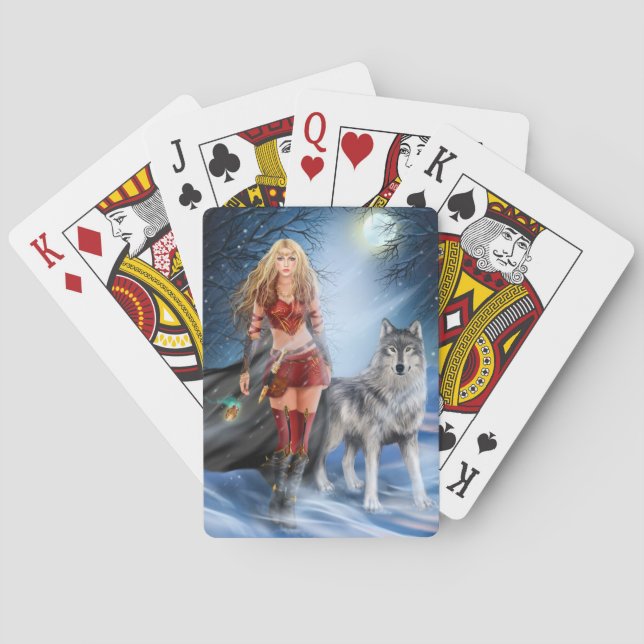 Winter Warrior Princess and wolf Playing Cards (Back)