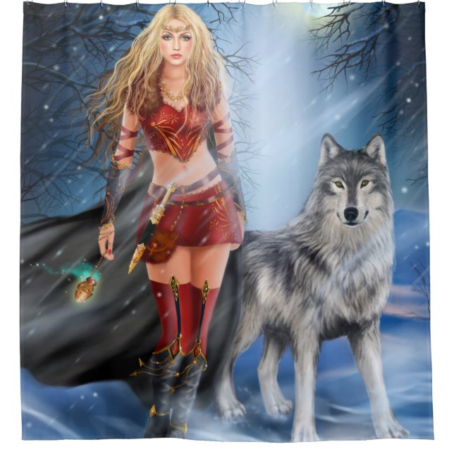 Winter Warrior Princess and wolf  Shower Curtain (Front)