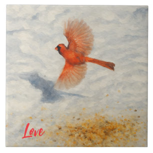 Winter Watercolor Cardinal in Flight Tile