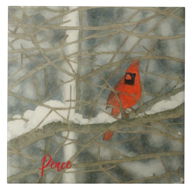 Winter Watercolor Cardinal Tile (Front)