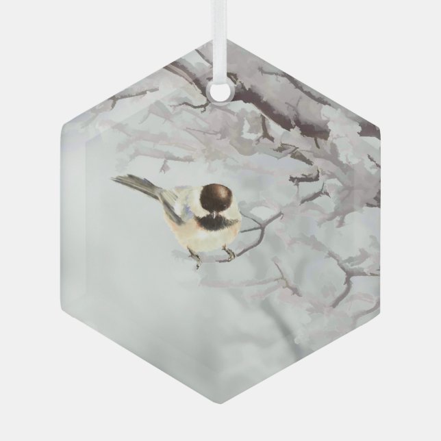 Winter Watercolor Chickadee Snow Trees Frost Glass Ornament (Front)